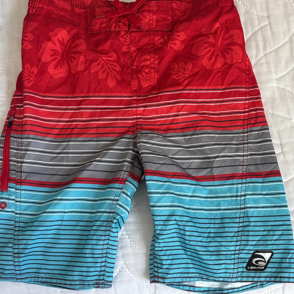Laguna B Kids Swim Trunks in Red, Gray, and Turquoise